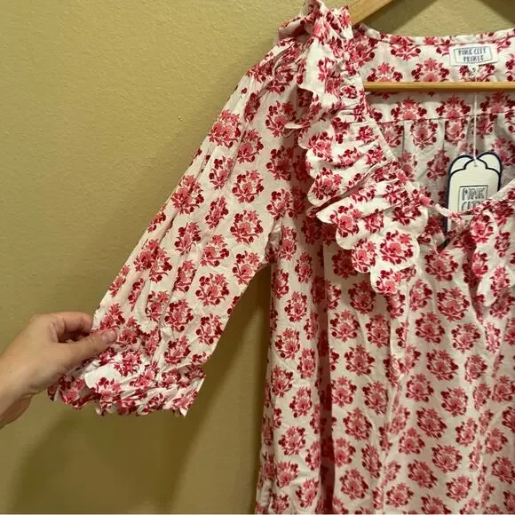 NWT Tuckernuck Pink City Prints Pink White Floral Block Printed Mini Dress Small